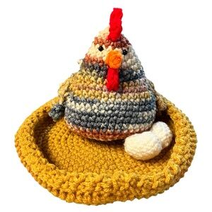 Crocheted Multicolored Chicken Hen on Nest With Eggs